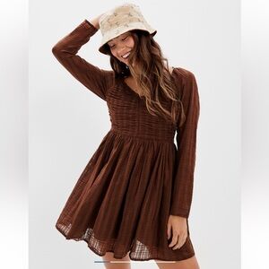 Brown Long-Sleeve Smocked Waist Mini Dress